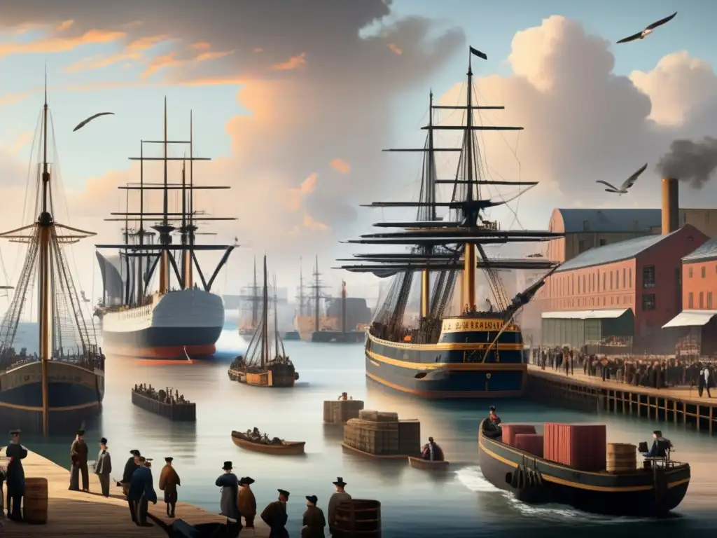 Una animada escena del puerto marítimo del siglo XIX con barcos de madera cargando y descargando mercancías