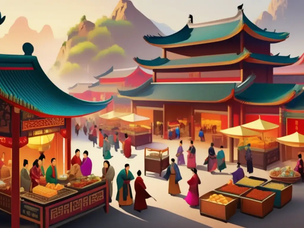 En la animada plaza de la antigua China, la influencia de la Dinastía Han se refleja en colores vibrantes y escenas detalladas de la vida cotidiana