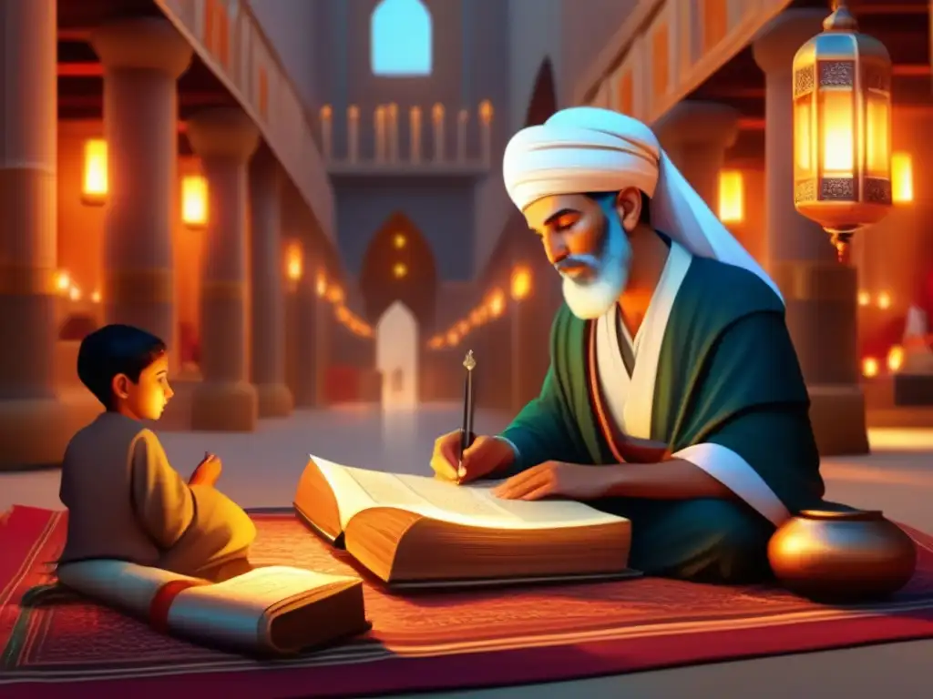 En una animada plaza islámica, Avicena, joven y atento, estudia bajo la guía de un sabio mentor entre libros y bullicio