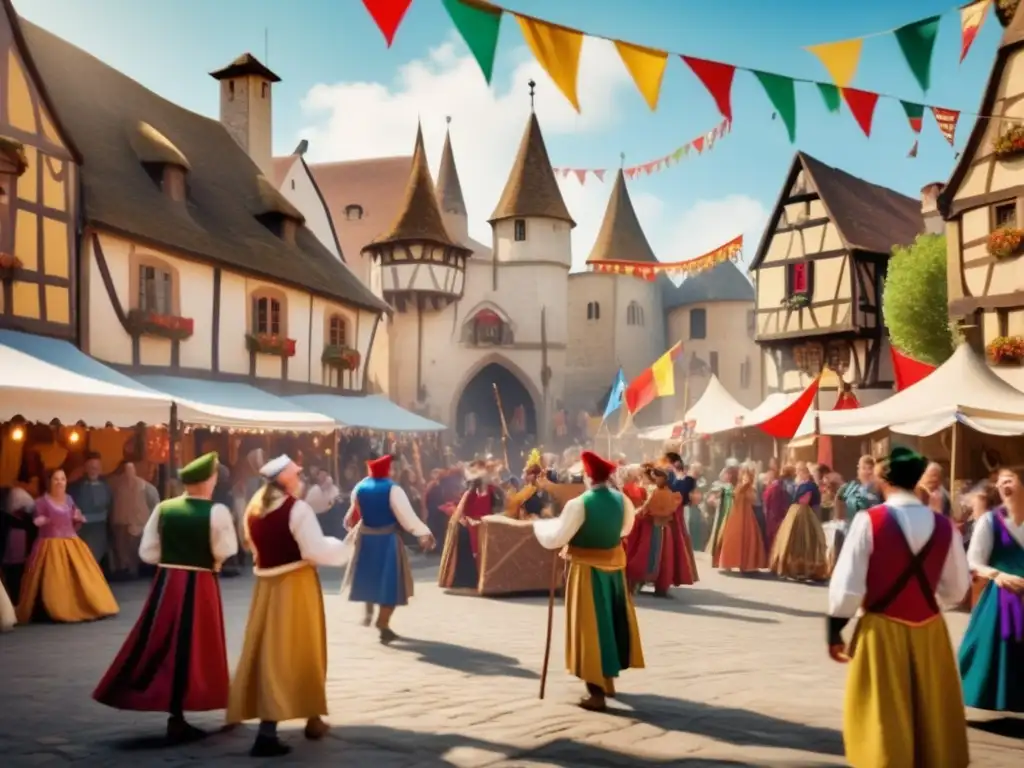 En la animada plaza de un pueblo medieval, artistas entretienen a la multitud entre risas y música