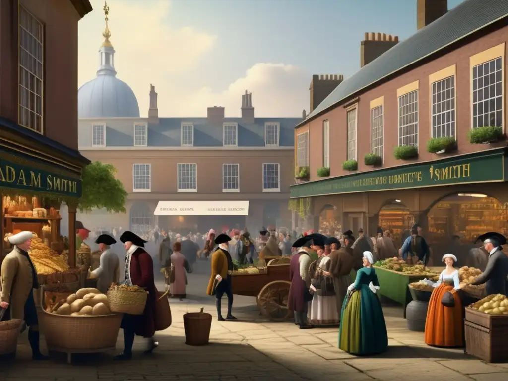 En una animada plaza del siglo XVIII, comerciantes ofrecen sus productos mientras clientes regatean