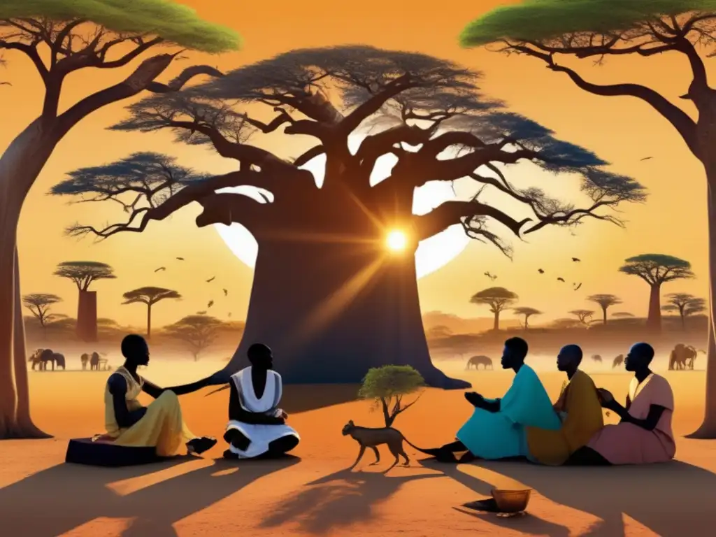 Un animado collage digital retrata a filósofas y eruditos africanos debatiendo bajo un baobab al atardecer