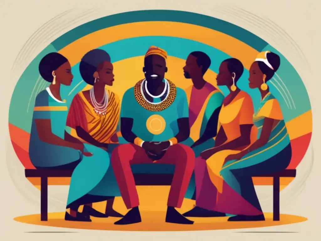 Un animado cuadro digital de un narrador africano rodeado por una audiencia atenta, con colores y líneas dinámicas creando energía