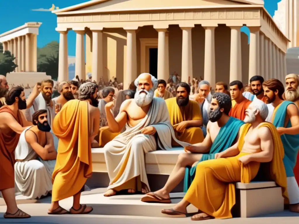 Un animado Sócrates lidera una discusión filosófica en la bulliciosa Atenas, influenciando el pensamiento occidental