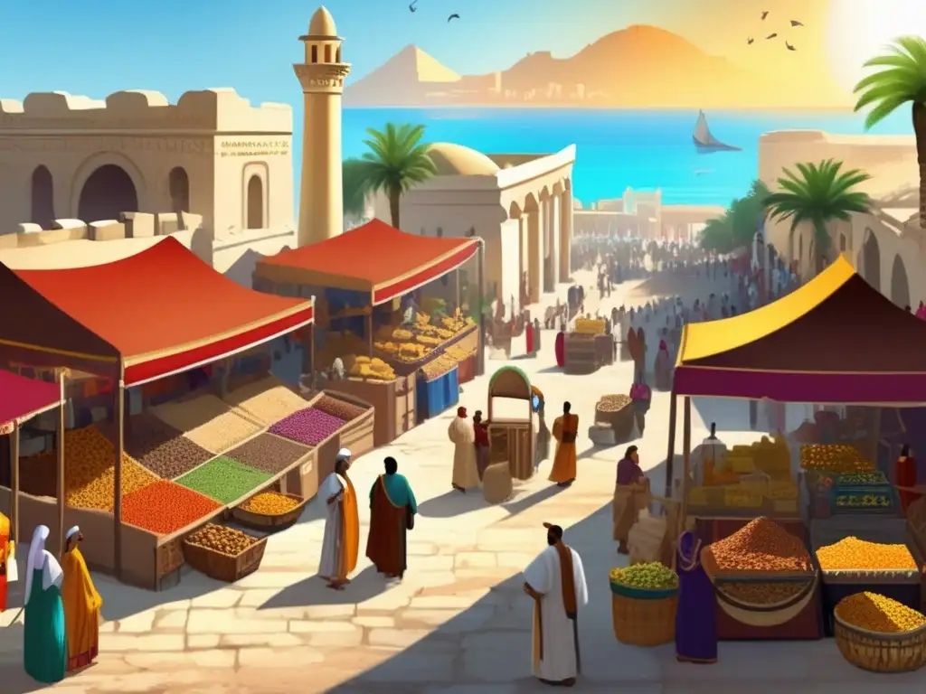 En el animado mercado de la antigua Cartago, los comerciantes regatean productos de todo el Mediterráneo