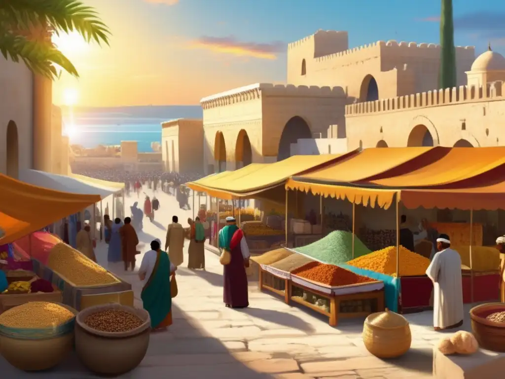 En el animado mercado de la antigua Cartago, se negocian bienes del Mediterráneo