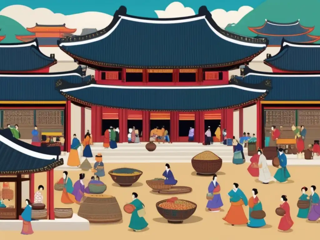 En el animado mercado de la antigua Joseon, se mezclan tradición y modernidad en Corea, con colores vibrantes y escenas de la vida cotidiana