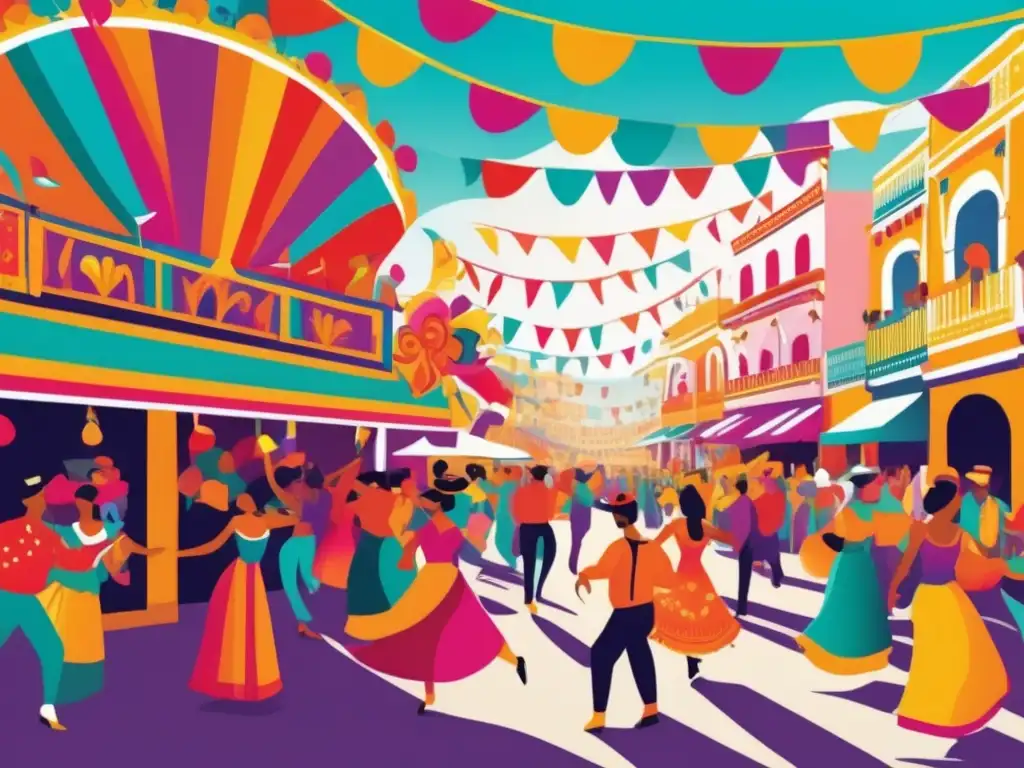 Un animado y moderno dibujo digital captura la energía y emoción de las fiestas tradicionales en Andalucía, con desfiles coloridos y bailarines ricamente vestidos