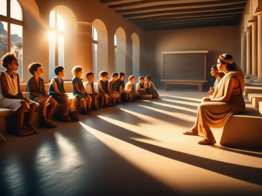 En una antigua aula griega, Heródoto imparte sabiduría a jóvenes alumnos en bancos de piedra, mientras la luz del sol ilumina la escena