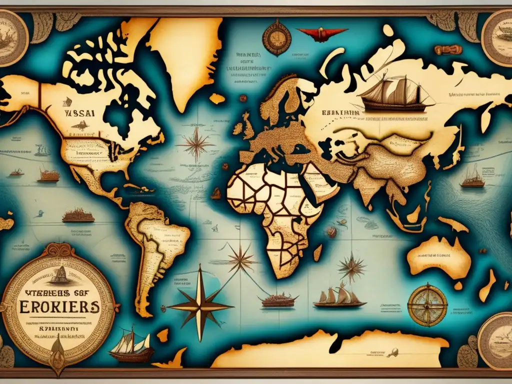 Descubre una antigua y detallada ilustración de un mapa con rutas de navegantes famosos que expandieron horizontes