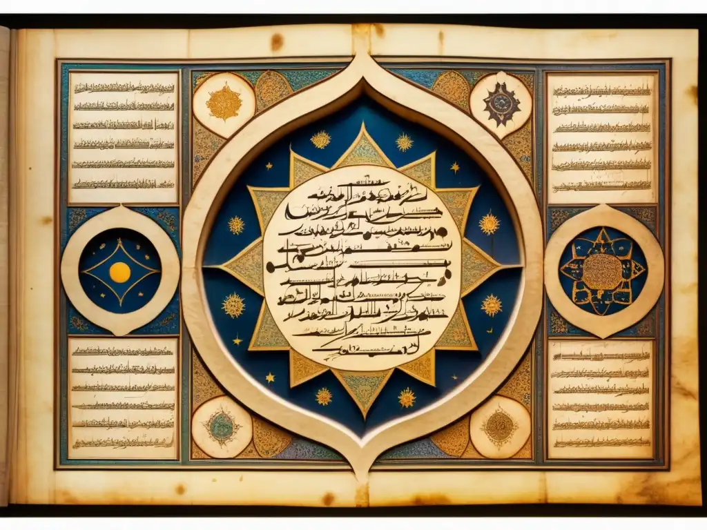 Una antigua biografía de Alhazen: físico musulmán óptica, iluminada por luz natural, con intrincada caligrafía árabe y patrones geométricos