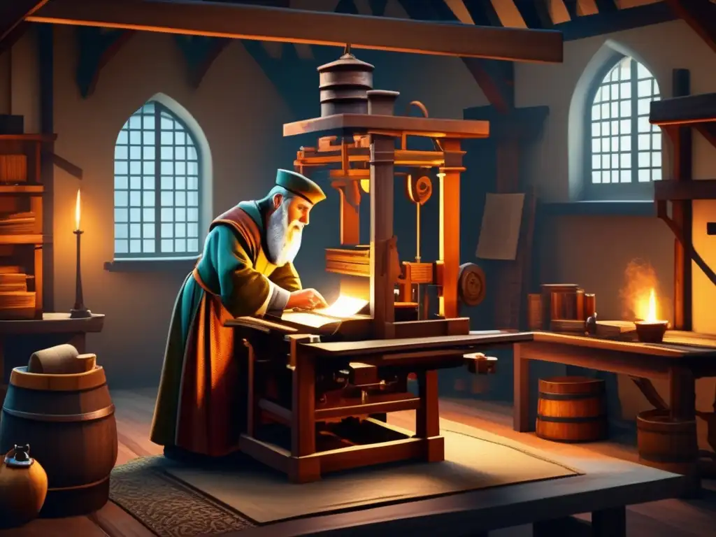 En una antigua imprenta medieval, Johannes Gutenberg opera su prensa, resaltando la complejidad del proceso de impresión