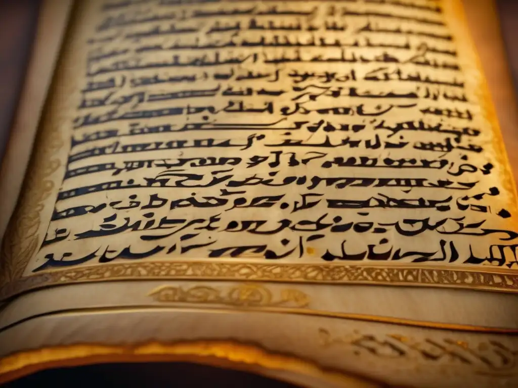 Una antigua pergamino con caligrafía exquisita de Hafiz, iluminado por cálida luz dorada, evocando la influencia de Hafiz en poesía