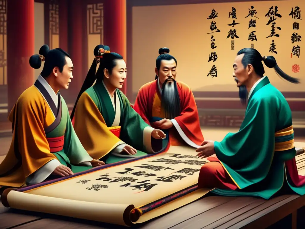 Una antigua pintura china con Han Fei y filósofos legalistas, realismo político y atmósfera solemne