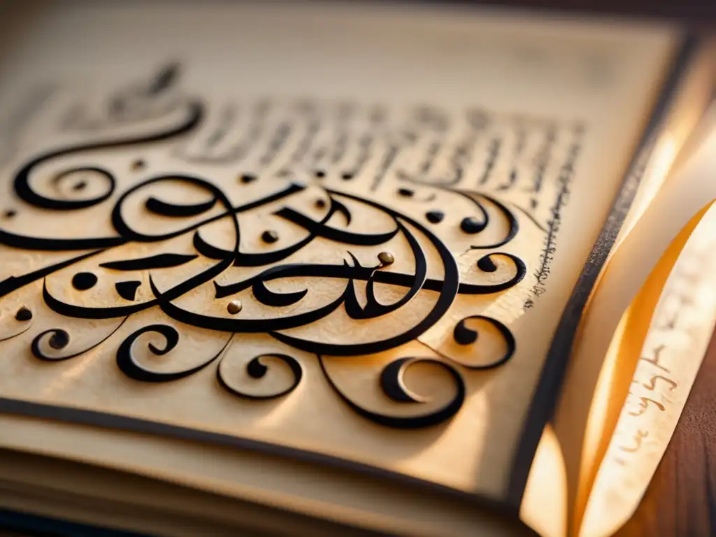 Una antigua biografía de Rumi poeta sufí, iluminada por cálida luz, revela su caligrafía árabe detallada y desgastada