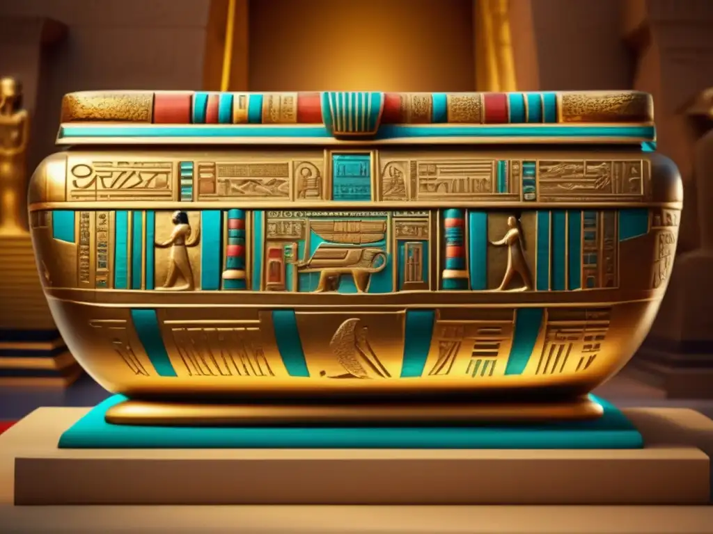 Una antigua reliquia egipcia, como un sarcófago dorado o jeroglíficos intrincados, en un escenario moderno de museo