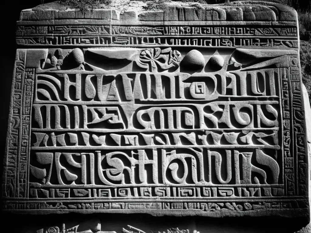 Una antigua tableta de piedra cubierta de inscripciones detalladas, iluminada por rayos de sol, con un toque de misterio y belleza antigua