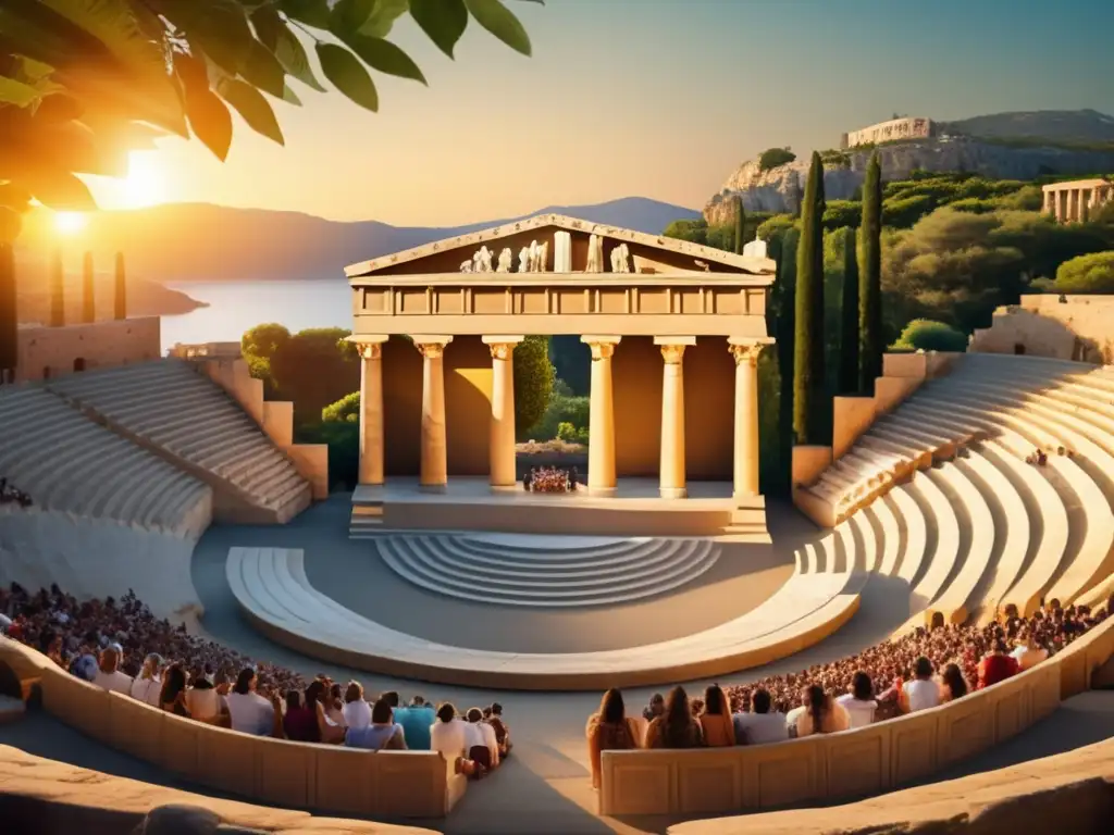 Un antiguo anfiteatro griego con asientos de piedra intrincados, columnas dramáticas y un escenario frente a exuberante vegetación