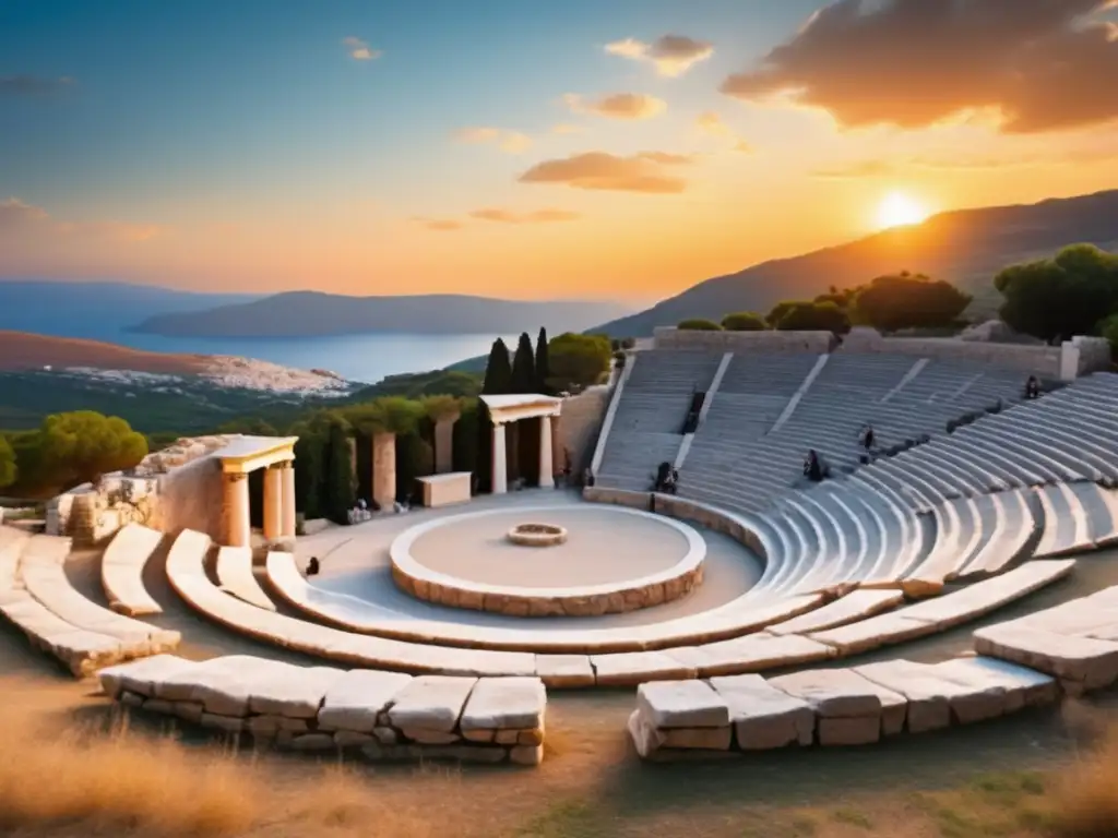 Un antiguo anfiteatro griego con asientos de piedra y un escenario frente a colinas y un atardecer vibrante