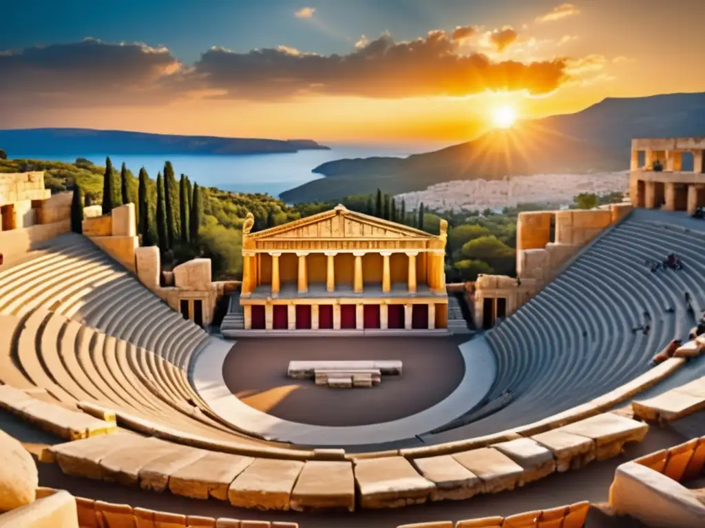 Un antiguo anfiteatro griego al atardecer, con escenas de héroes antiguos
