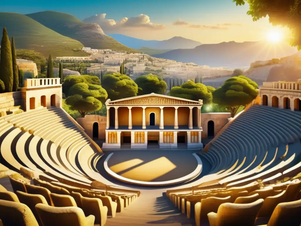 Un antiguo anfiteatro griego bañado en luz dorada, con asientos detallados y una representación teatral