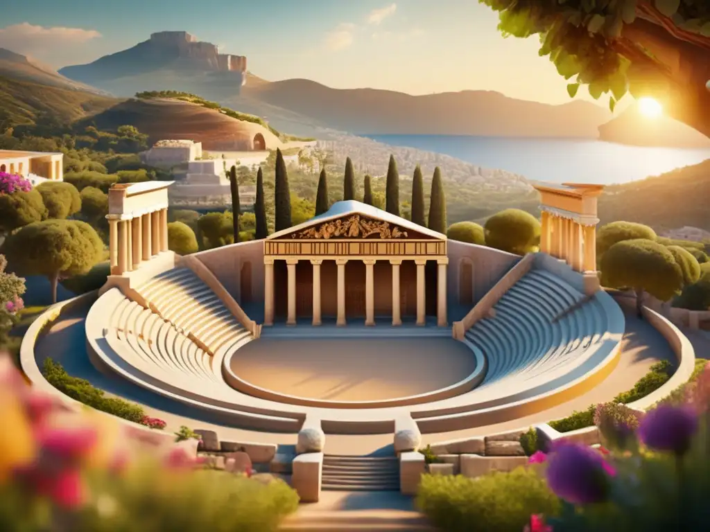 Un antiguo anfiteatro griego bañado en cálida luz dorada, con intrincadas esculturas adornando la arquitectura
