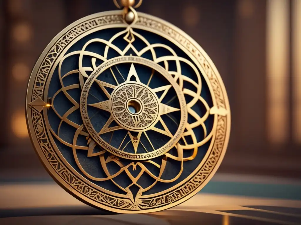 Un antiguo astrolabio árabe bañado en luz cálida, con patrones geométricos e inscripciones detalladas, en contraste con un fondo minimalista