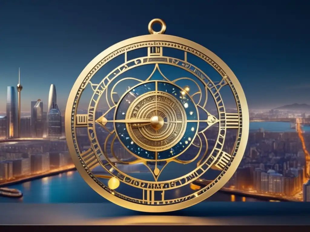 Un antiguo astrolabio iluminado por las luces de la ciudad nocturna, en contraste con el skyline moderno
