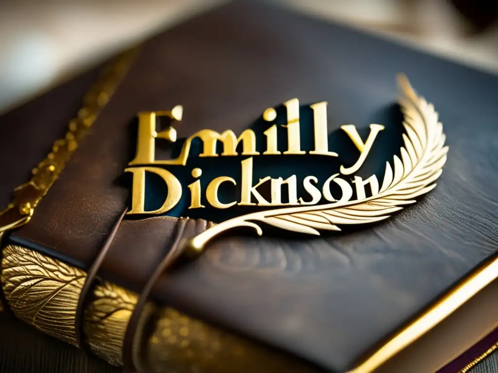 Un antiguo bolígrafo de pluma descansa sobre un libro de cuero desgastado con el nombre 'Emily Dickinson' en relieve en letras doradas