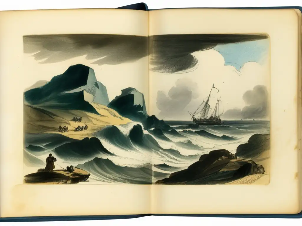 Un antiguo cuaderno de bocetos de Eugène Delacroix, destacando sus detallados dibujos a lápiz e tinta de paisajes, figuras y escenas mitológicas