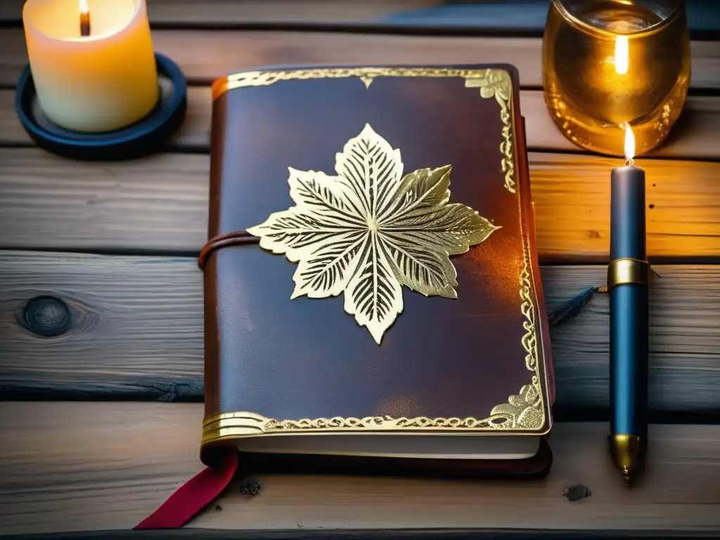 Un antiguo diario de cuero con detalles en oro descansa sobre una mesa de madera rústica, rodeado de plumas antiguas, un mapa del Nuevo Mundo y una vela titilante