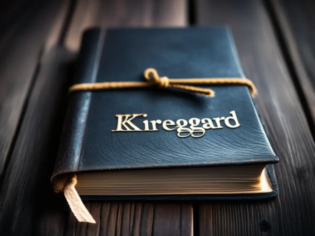 Un antiguo diario desgastado con el nombre 'Kierkegaard' en relieve, sobre madera oscura