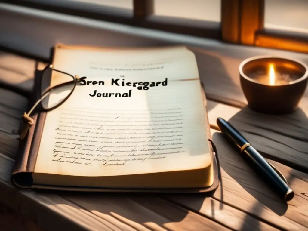 Un antiguo diario de Søren Kierkegaard y sus lentes en un escritorio de madera, iluminado por luz natural