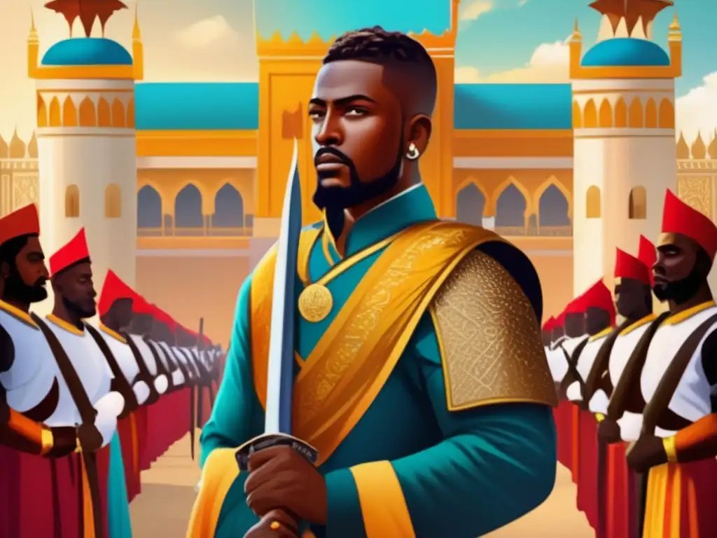 Baybars, antiguo esclavo convertido en poderoso líder, rodeado de leales soldados en majestuoso palacio