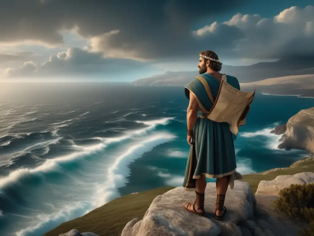 Un antiguo explorador griego de pie en una costa rocosa, mirando al mar