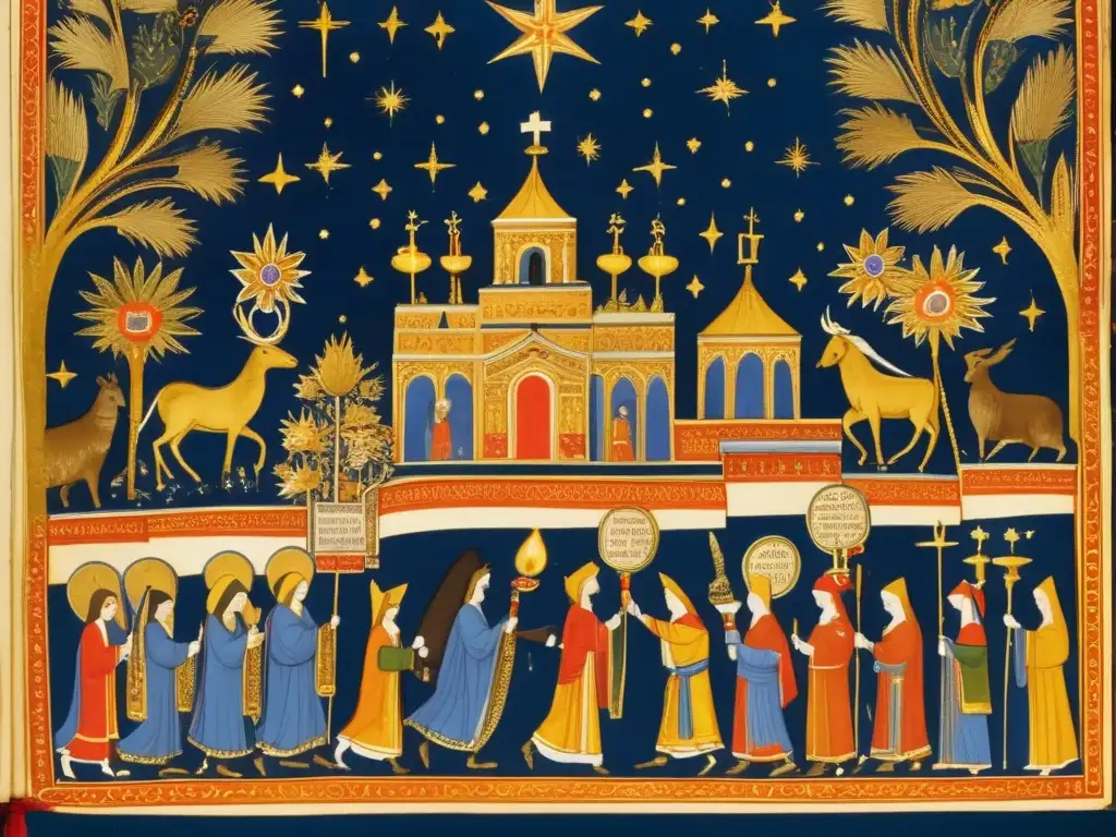 Un antiguo manuscrito iluminado con festividades del Cristianismo Primitivo Bede, detallada caligrafía y toques de oro sobre fondo azul