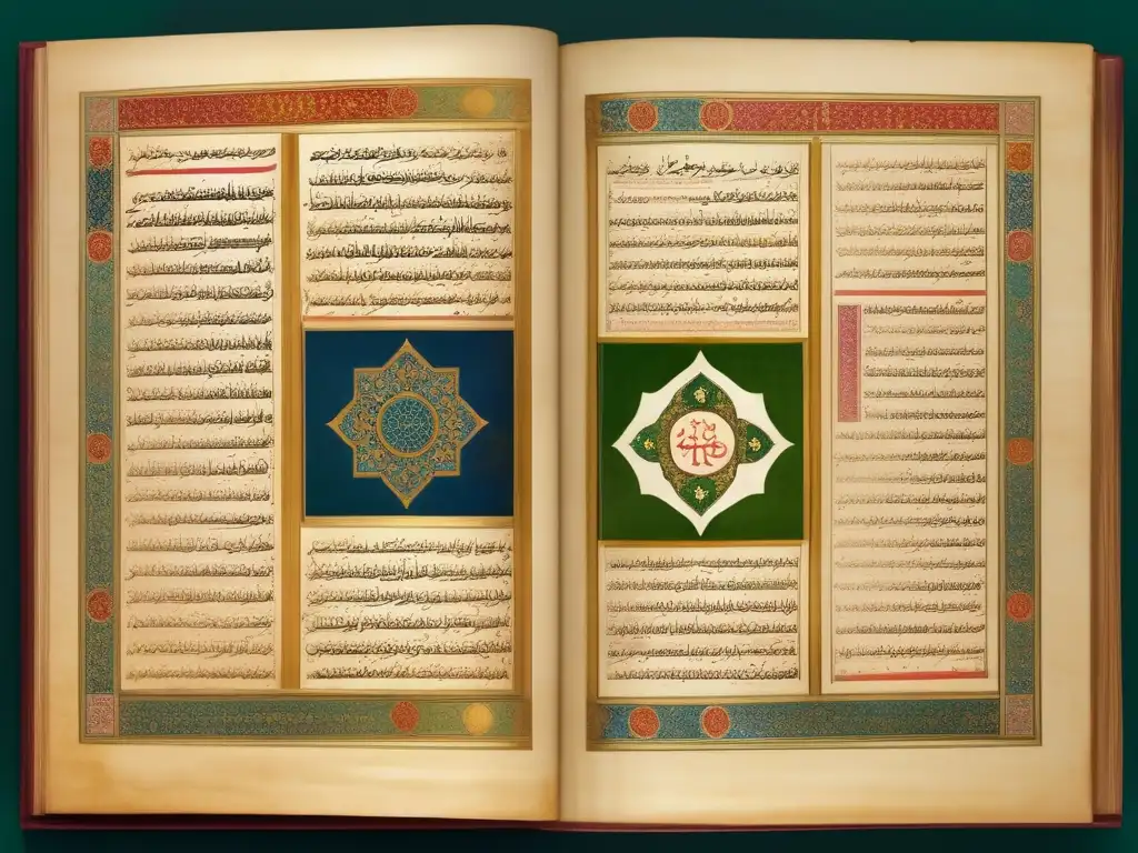 Un antiguo manuscrito islámico detallado muestra la biografía de Avicena, con caligrafía intrincada y colores vibrantes