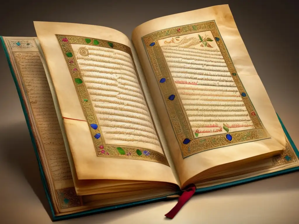 Un antiguo manuscrito médico islámico con caligrafía intrincada y detalladas ilustraciones de procedimientos médicos y remedios botánicos