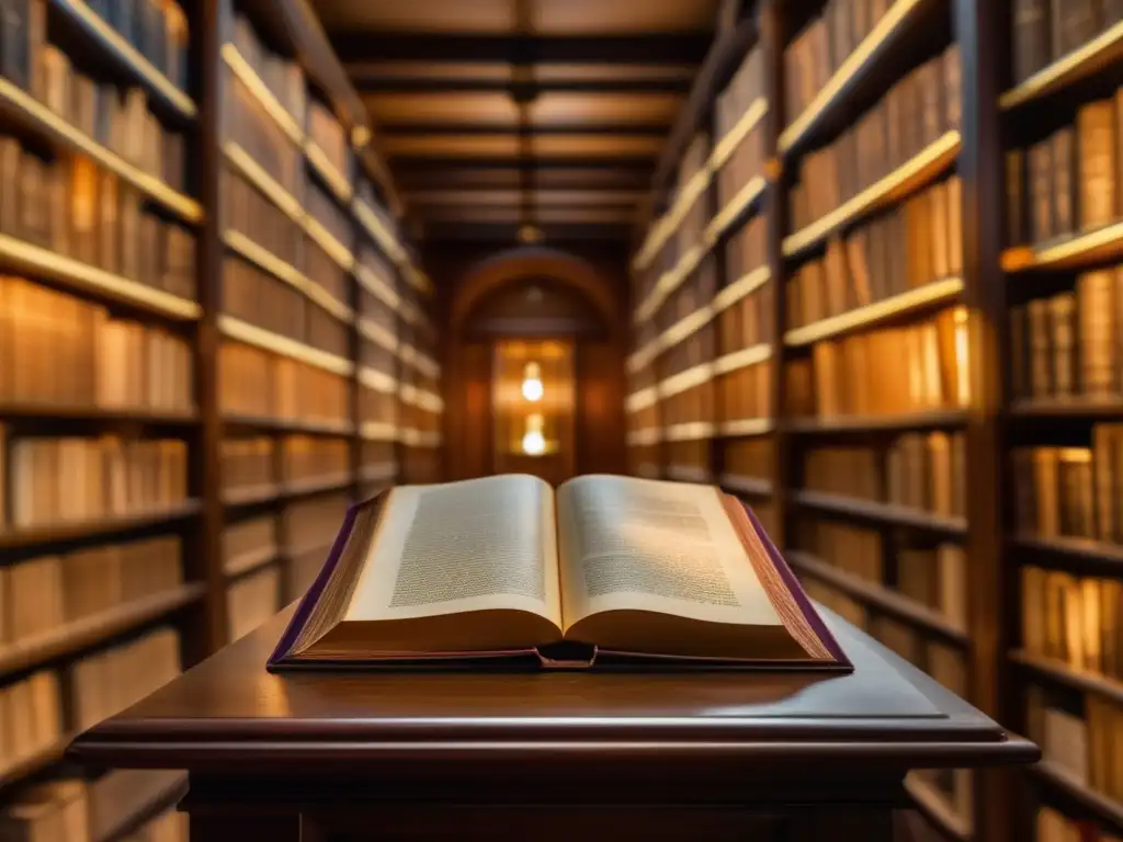 Summa Theologica: Legado Sabio en 8k Un antiguo manuscrito de la Summa Theologica de Santo Tomás de Aquino, rodeado de libros en estantes de una biblioteca antigua