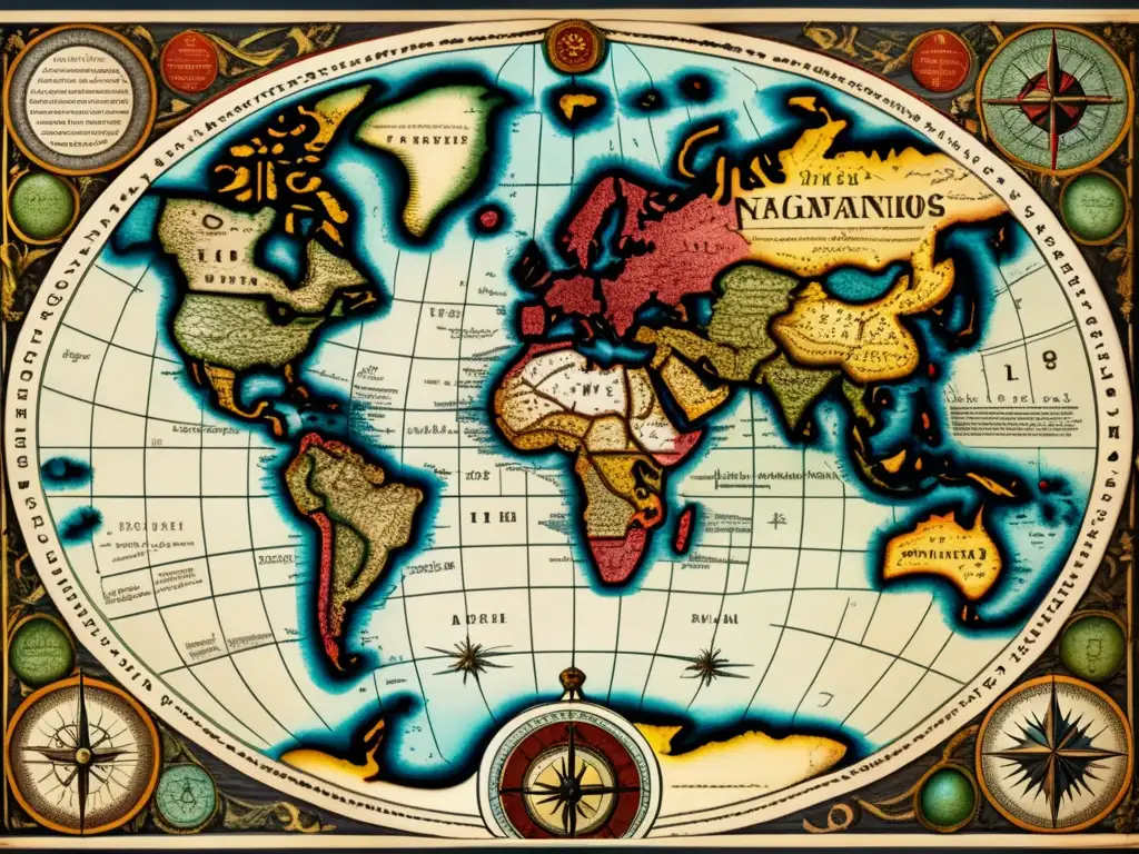Un antiguo mapa detallado de rutas de navegación, con costas, rutas comerciales y marcadores celestiales