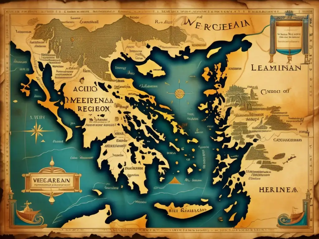 Un antiguo mapa griego detallado en pergamino, iluminado por una lámpara de aceite, evocando exploración académica y significado histórico