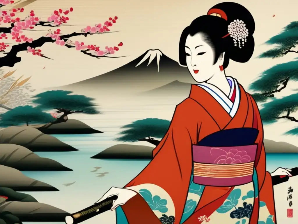Belleza serena: antiguo pergamino japonés con jardín de cerezos - Un antiguo pergamino japonés detalla una escena serena con mujeres en kimonos, música y poesía, rodeada de exuberantes cerezos en flor