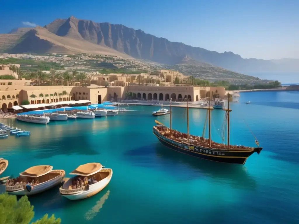 En el antiguo puerto fenicio del Mediterráneo, comerciantes y artesanos intercambian bienes exóticos en bulliciosa actividad comercial