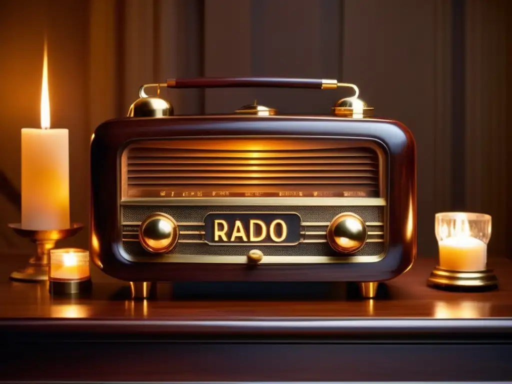 Un antiguo radio de madera y latón en una mesa de caoba pulida, iluminado por velas