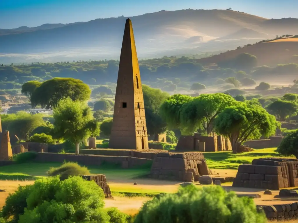 Un antiguo reino cristiano, el Reino de Axum, deslumbra con obeliscos, ruinas históricas y exuberante vegetación bajo cielos azules vibrantes