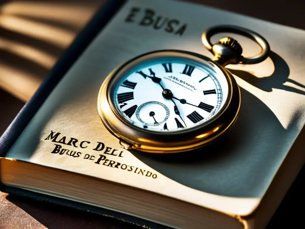 Un antiguo reloj de bolsillo con grabados detallados reposa sobre un libro de Marcel Proust, creando una atmósfera de elegancia y nostalgia