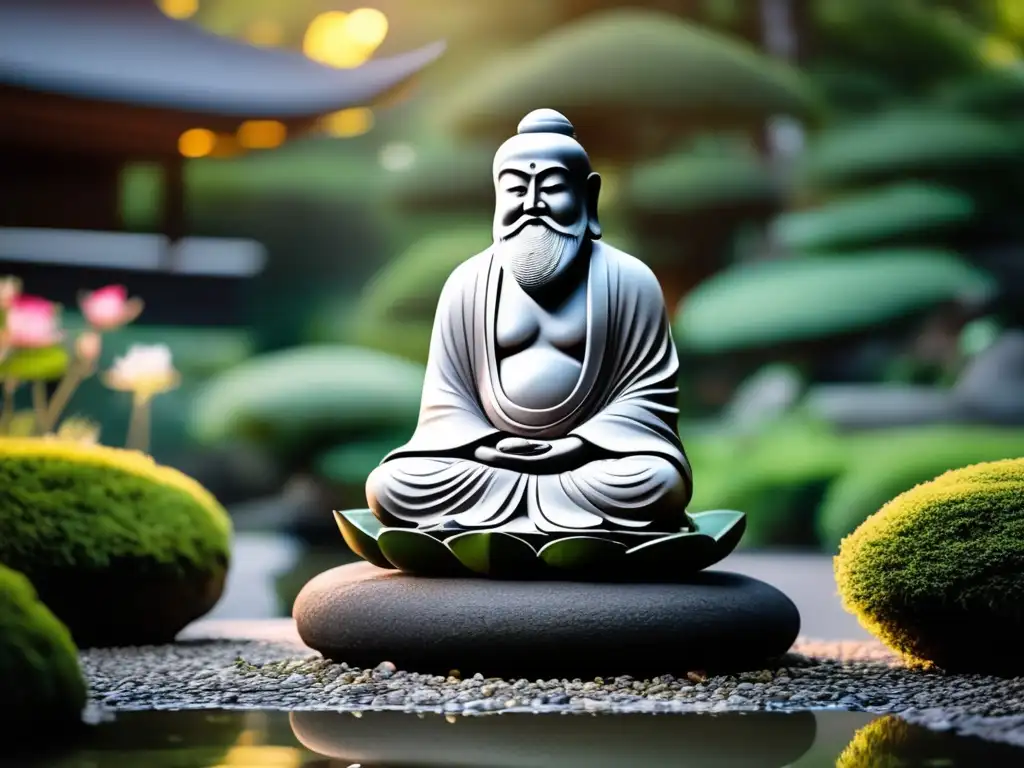 Un antiguo y sereno Bodhidharma medita en un jardín Zen, con detalles asombrosos