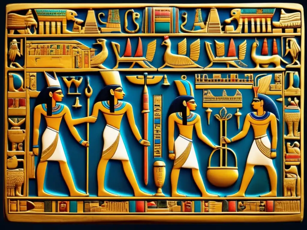 Un antiguo tablero egipcio de la dinastía ptolemaica, con carvings detallados y colores vibrantes que representan ceremonias reales y religiosas