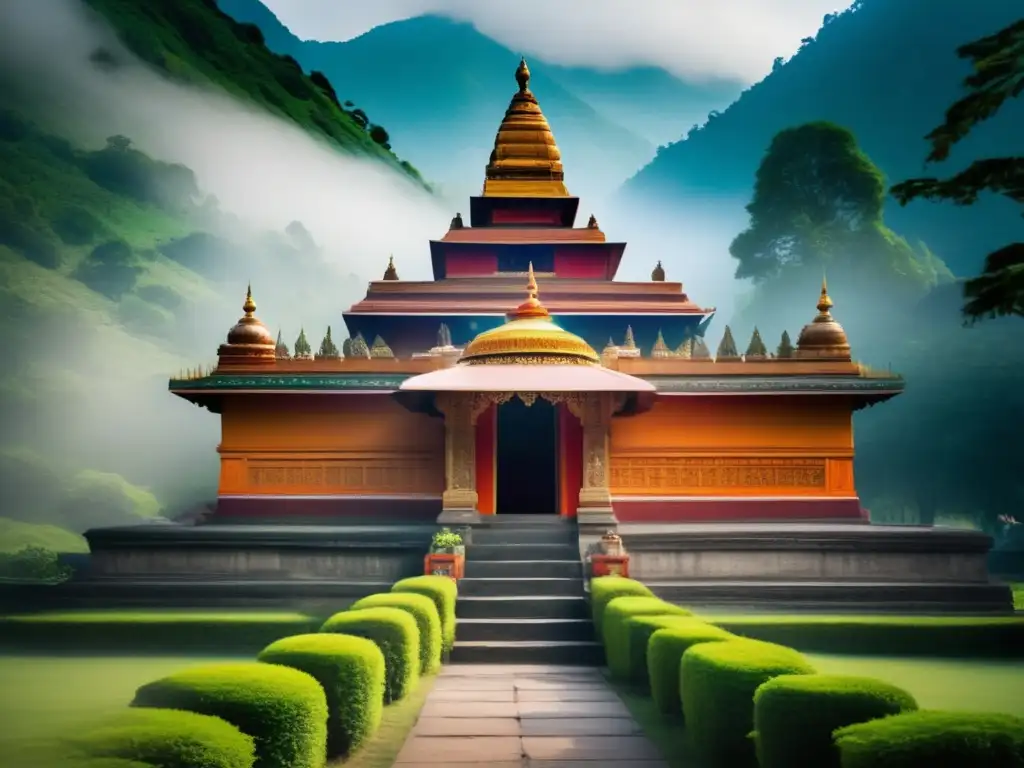 Un antiguo templo en el Himalaya, con devotos ofreciendo oraciones y quemando incienso