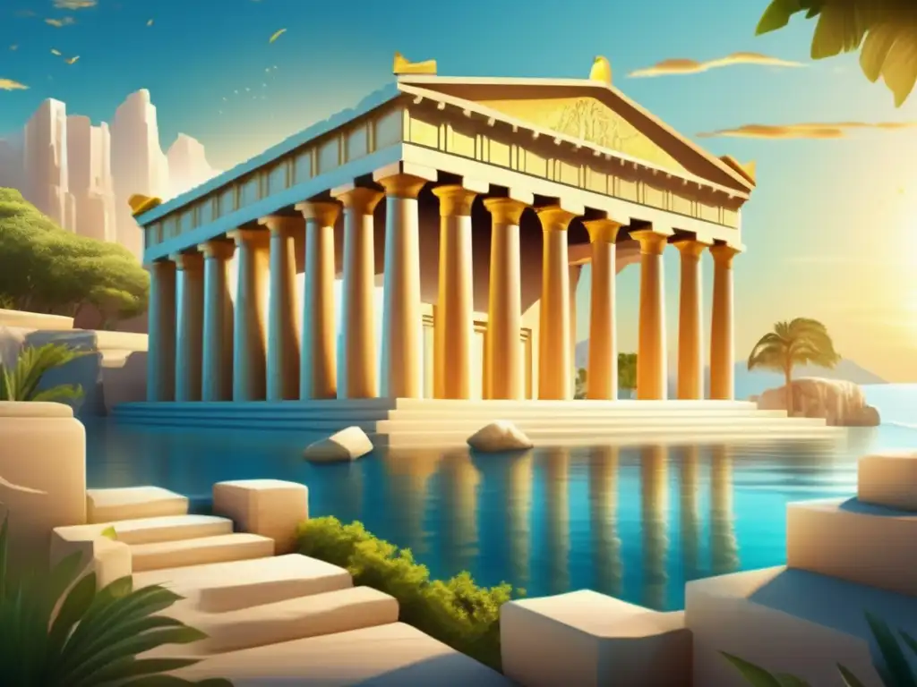 Un antiguo templo griego bañado en luz dorada, rodeado de exuberante vegetación y con vistas al mar azul cristalino